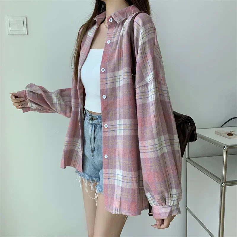 Vintage Preppy Style Loose Check Shirts