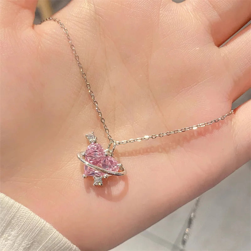 Y2K Pink Planet Heart Zircon Pendant Necklaces Women Fashion Aesthetic Clavicle Chain Necklace Valentines Day Gift Party Jewelry