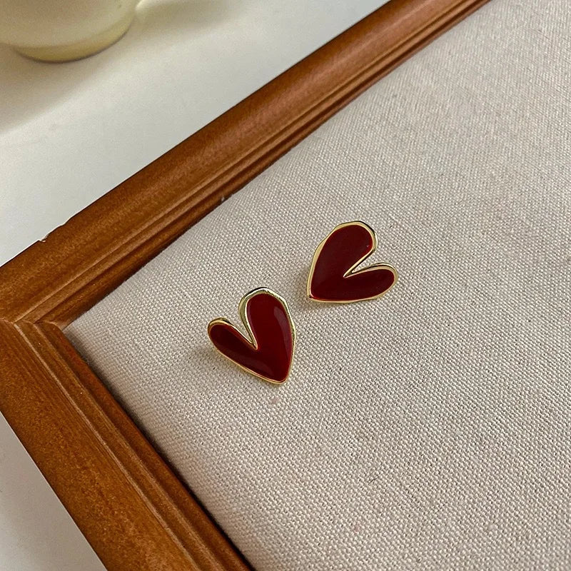 Vintage Red Heart Stud Earrings Gift