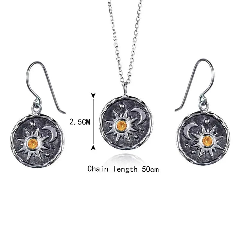 Vintage Sun Moon Pendant Earrings Necklace Set