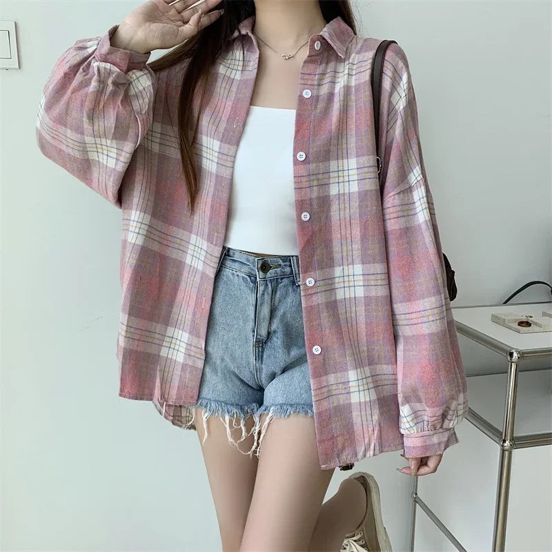 Vintage Preppy Style Loose Check Shirts