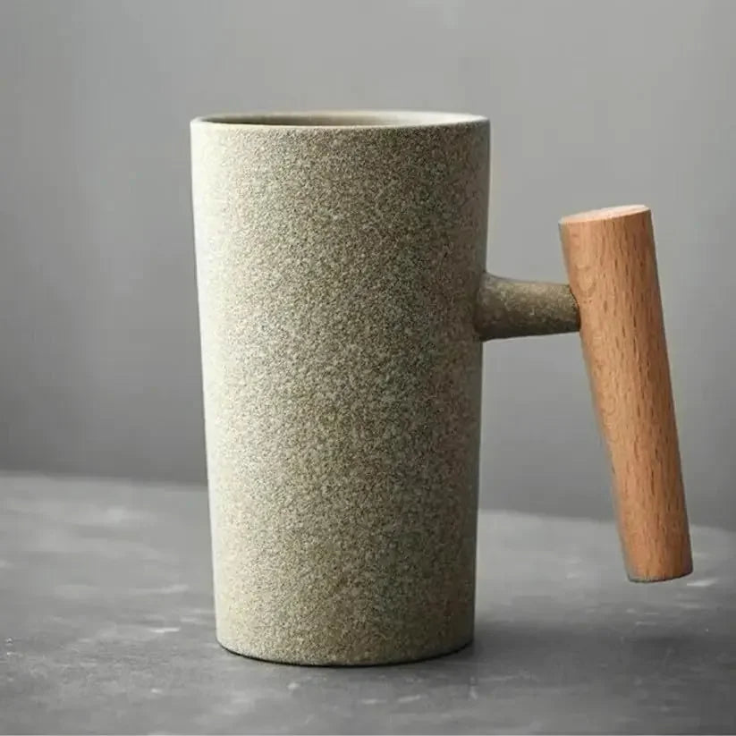 Ceramic Vintage Stoneware Wooden Handle Nordic Earth Mugs