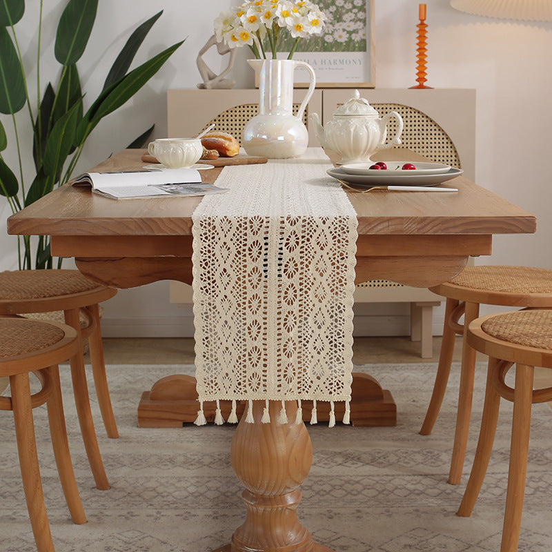 Vintage Beige Crochet Lace Table Runner