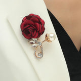 Vintage Red Rose Cloth Flowers Imitation Pearl Crystal Brooch