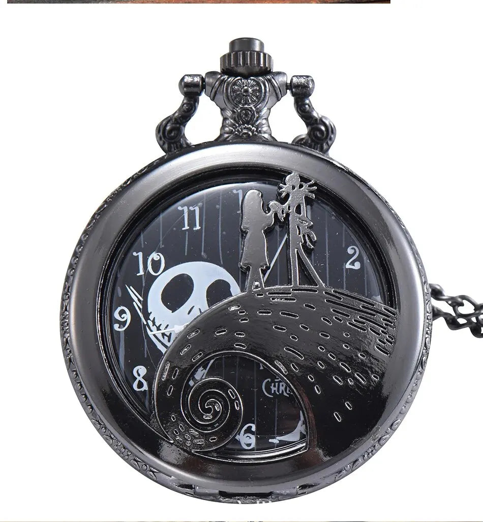 Vintage Lovers Skeleton Quartz Pocket Watch with Chain Necklace