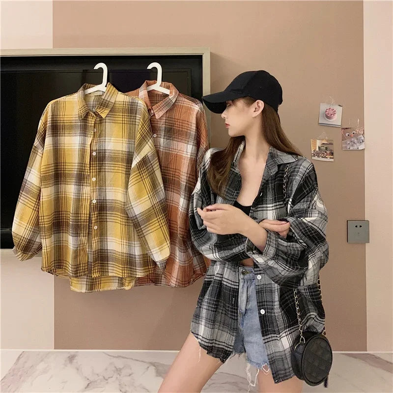 Vintage Preppy Style Loose Check Shirts