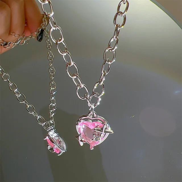 Y2K Pink Planet Heart Zircon Pendant Necklaces Women Fashion Aesthetic Clavicle Chain Necklace Valentines Day Gift Party Jewelry