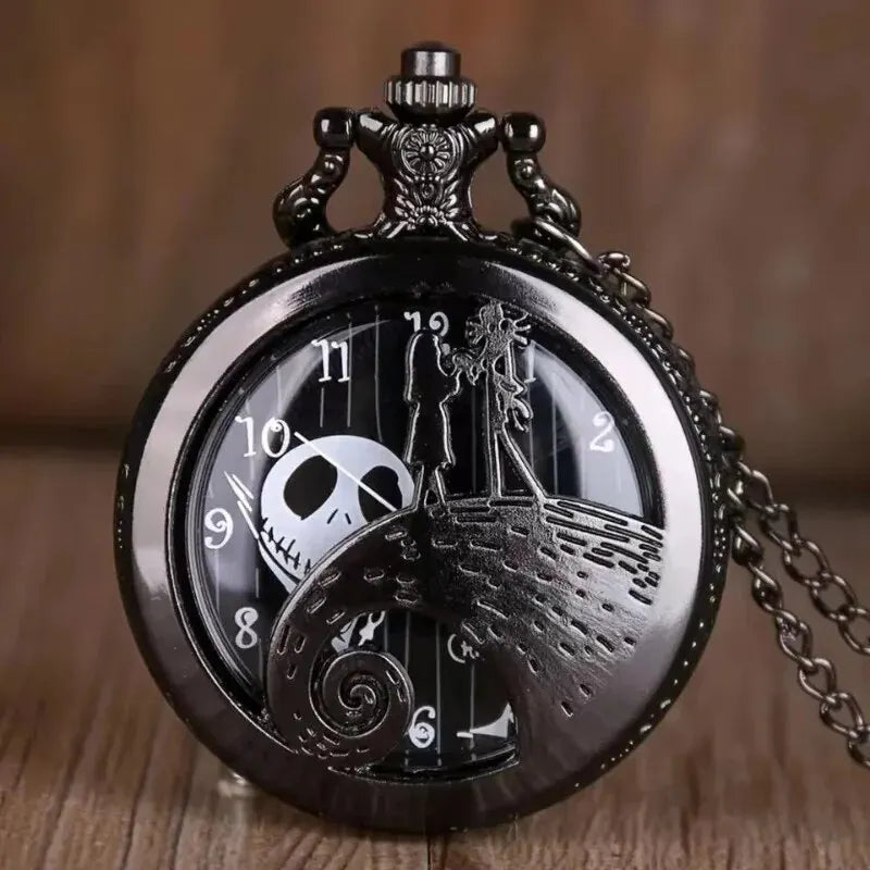 Vintage Lovers Skeleton Quartz Pocket Watch with Chain Necklace