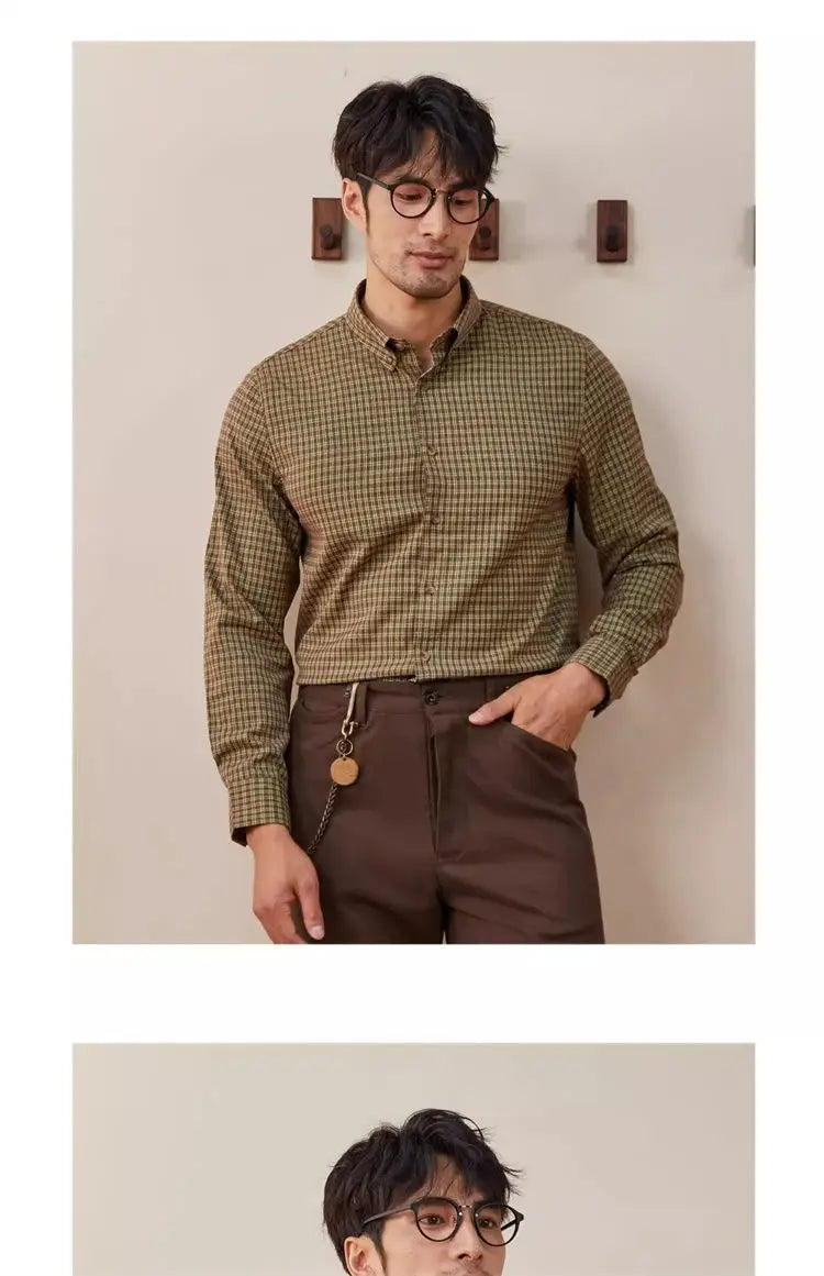 Vintage Men Shirts Autumn New Lape Grid Pattern