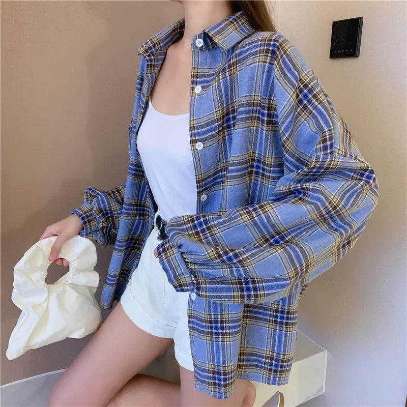 Vintage Preppy Style Loose Check Shirts