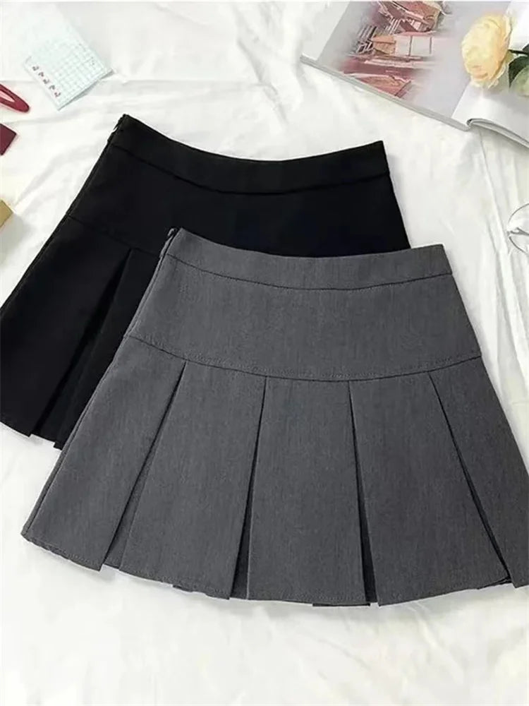 Vintage Gray Pleated Skirt Women Kawaii