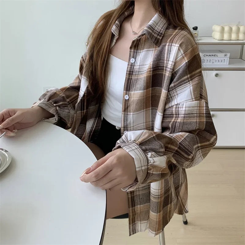 Vintage Preppy Style Loose Check Shirts