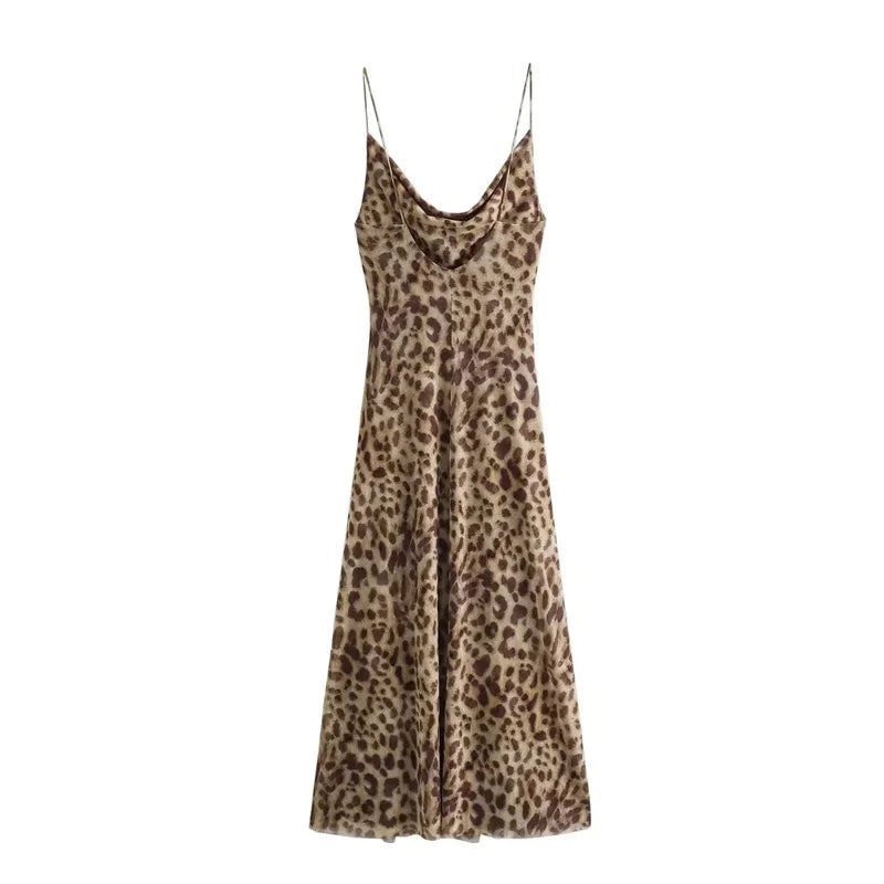 Vintage Tulle Backless Slip Leopard Print Long Dress