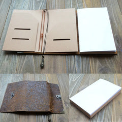 Vintage Embossed Pattern Soft Leather Travel Notebook with Lock and Key