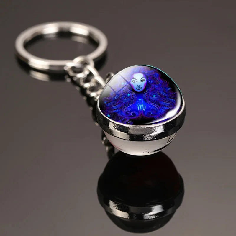 Vintage 12 Constellation Key Ring Time Stone Double-Sided Glass Ball Metal Keychain