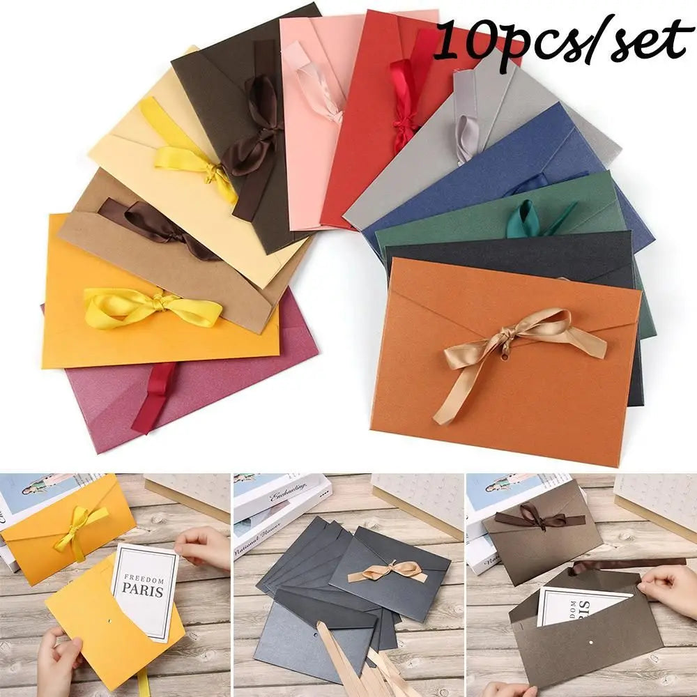 10 Pcs/set Envelope Pearlescent Paper Bow Thicken Ribbon Retro Creative Color Stationery Wedding Invited Gift High Quality