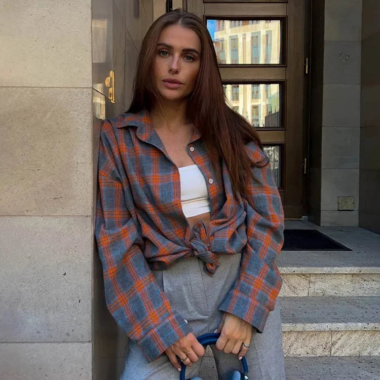 Vintage Oversized Plaid Shirt Women