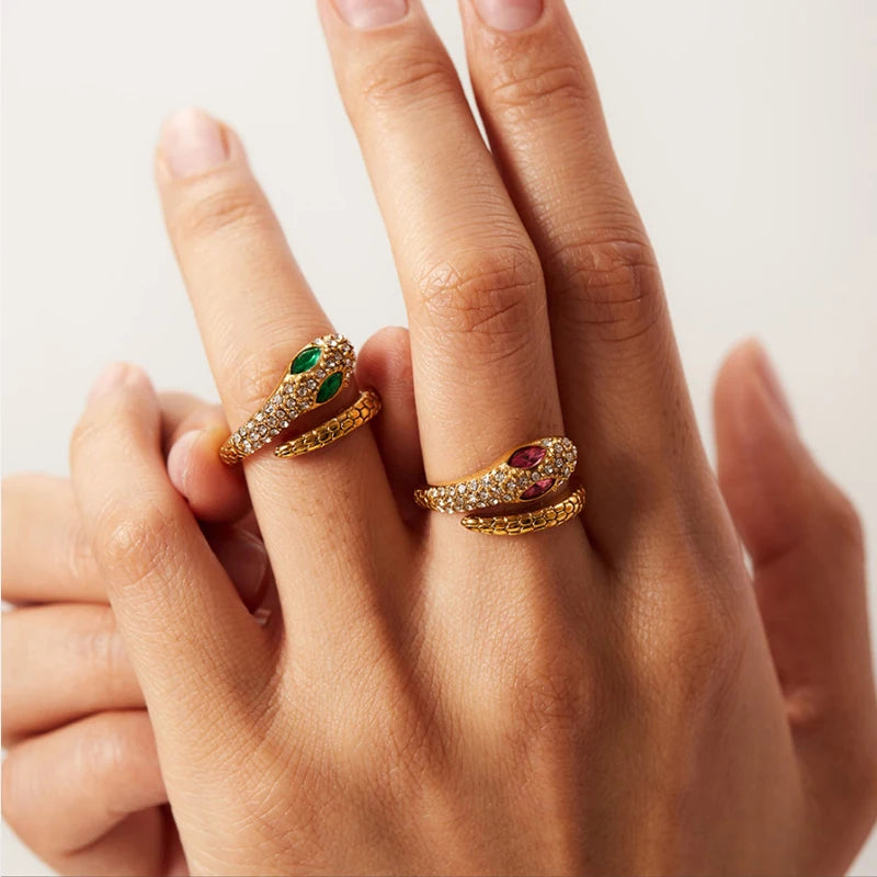 Vintage Hollow Zircon Rings Snake Shape Steel Rings