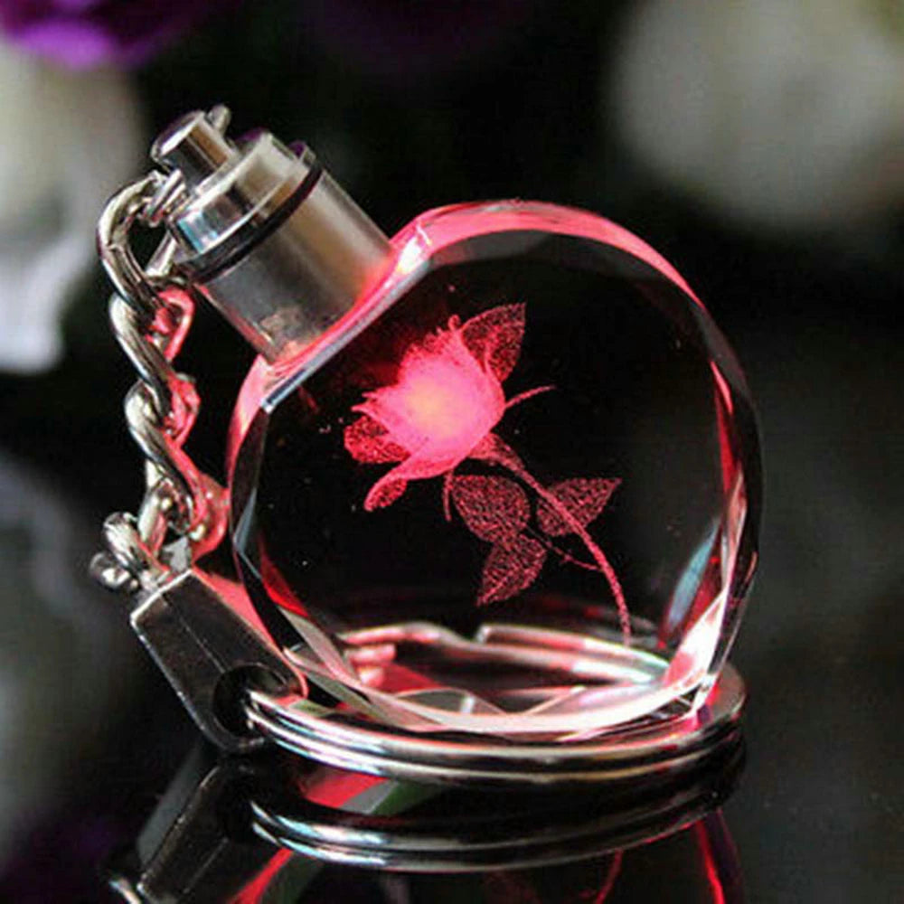 Vintage Fairy Rose Flower Love Shape Crystal LED Light Keychain