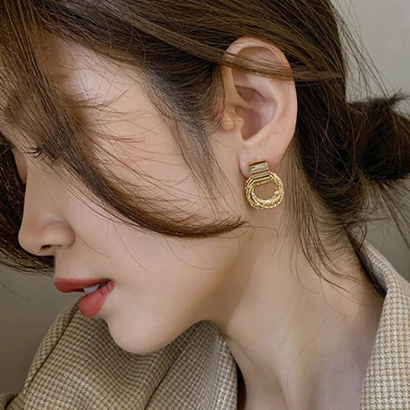 Retro Gold Circle Stud Earrings Women