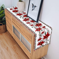 Vintage Christmas Poinsettia Flower Berry Linen Table Runner