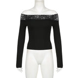 Vintage Black Lace Slash Neck Crop Top