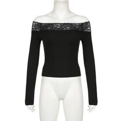 Vintage Black Lace Slash Neck Crop Top