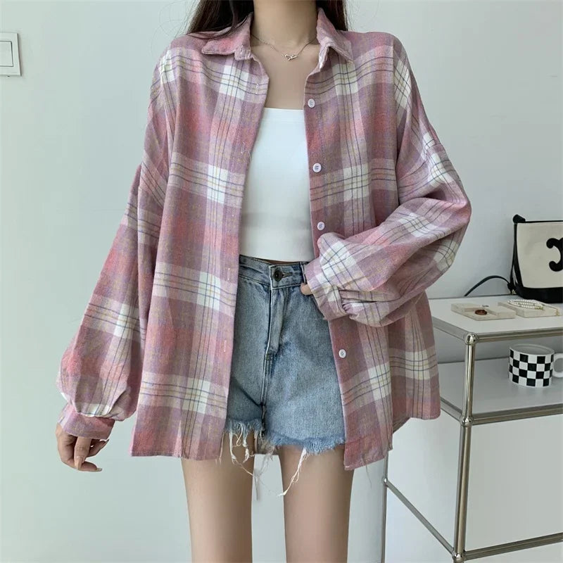 Vintage Preppy Style Loose Check Shirts