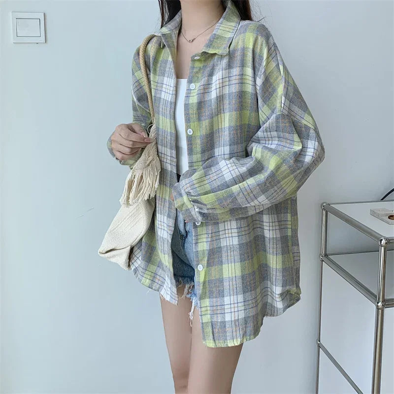 Vintage Preppy Style Loose Check Shirts