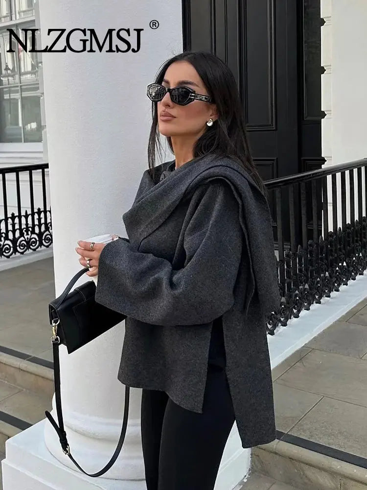 Vintage Streetwear Scarf Coat Long Sleeve Knitted Asymmetric Jackets