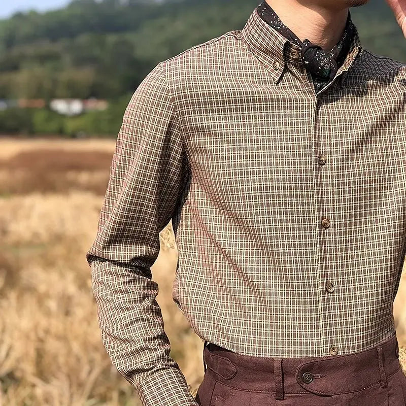 Vintage Men Shirts Autumn New Lape Grid Pattern