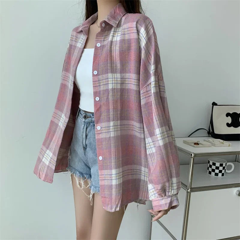 Vintage Preppy Style Loose Check Shirts