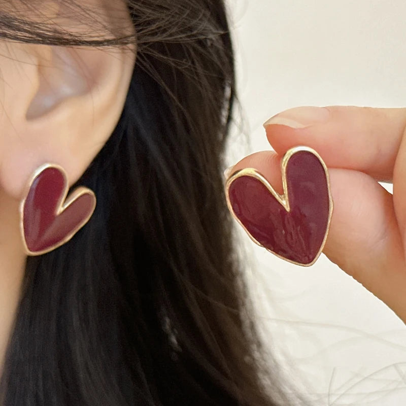 Vintage Red Heart Stud Earrings Gift