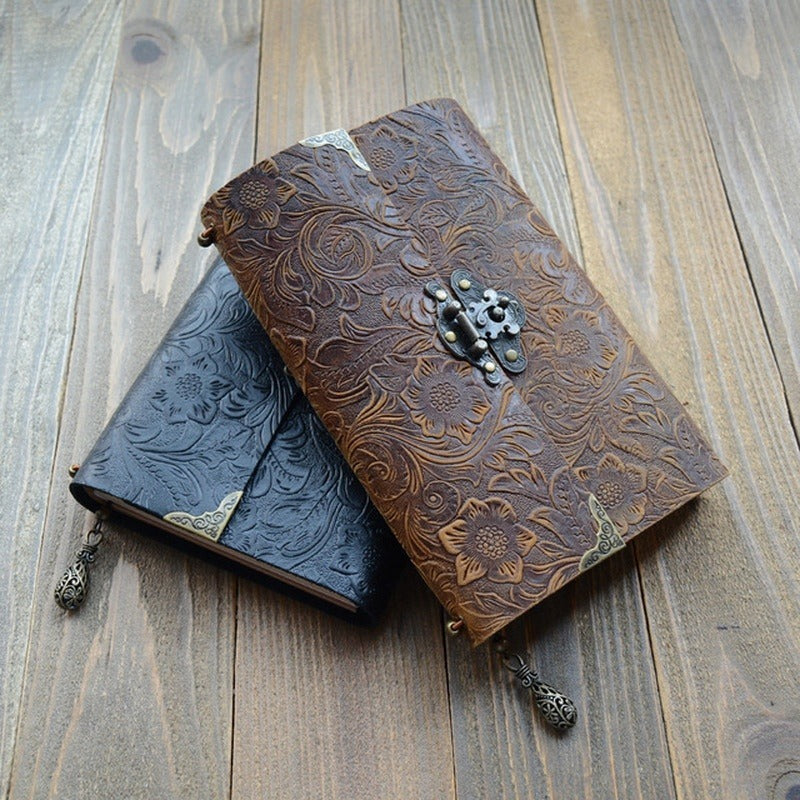 Vintage Embossed Pattern Soft Leather Travel Notebook with Lock and Key