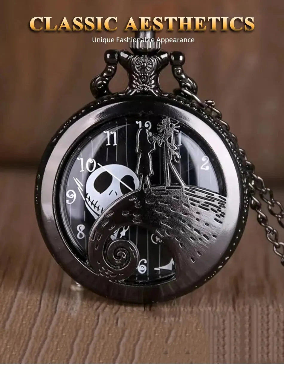 Vintage Lovers Skeleton Quartz Pocket Watch with Chain Necklace