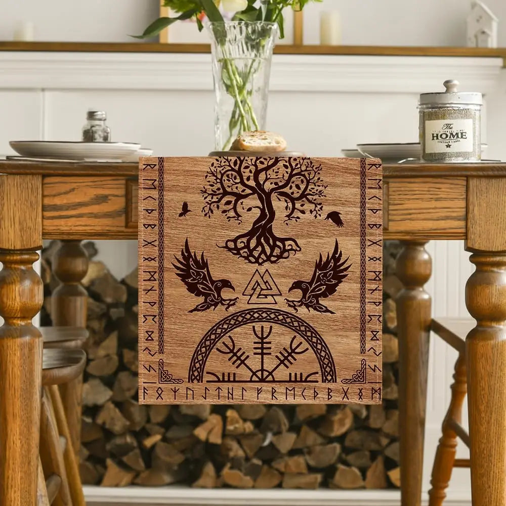 Vintage Viking Raven Helmet of Awe Linen Table Runner