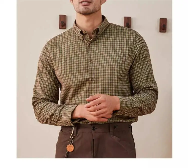 Vintage Men Shirts Autumn New Lape Grid Pattern