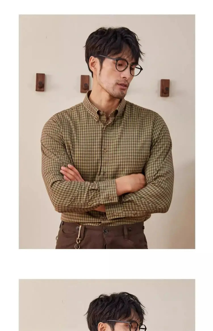 Vintage Men Shirts Autumn New Lape Grid Pattern