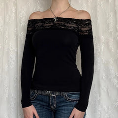 Vintage Black Lace Slash Neck Crop Top