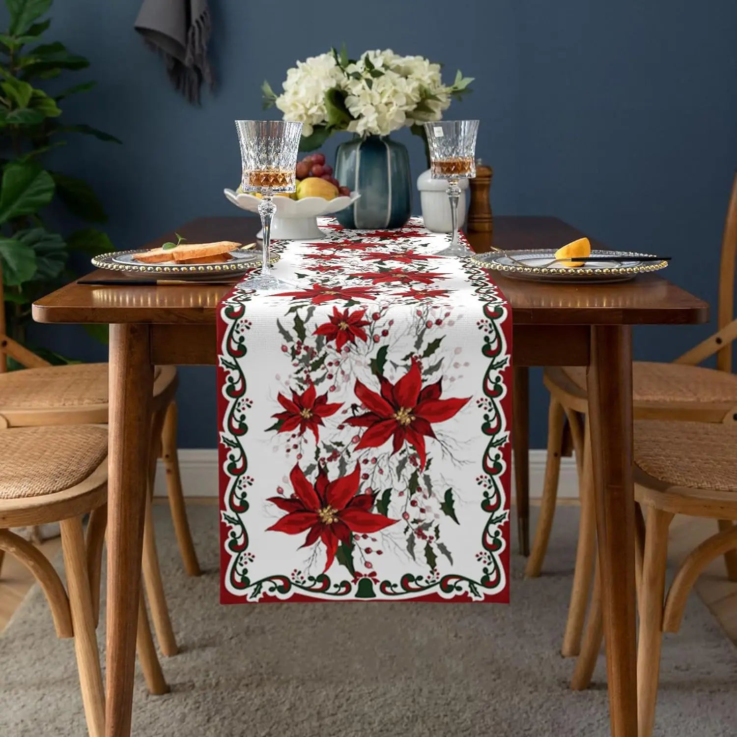 Vintage Christmas Poinsettia Flower Berry Linen Table Runner