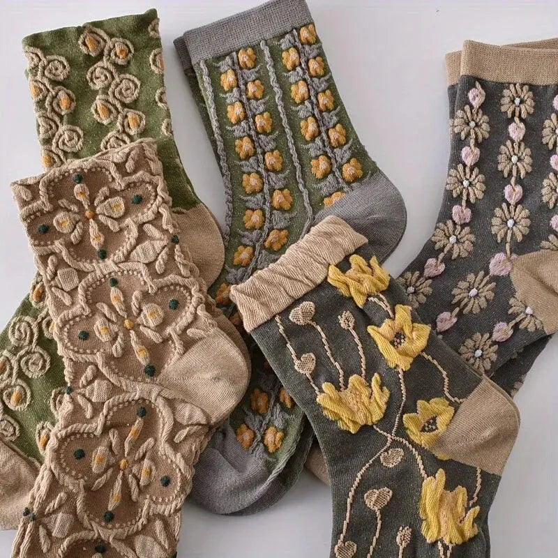 Vintage 5 Pairs 3D Floral Socks