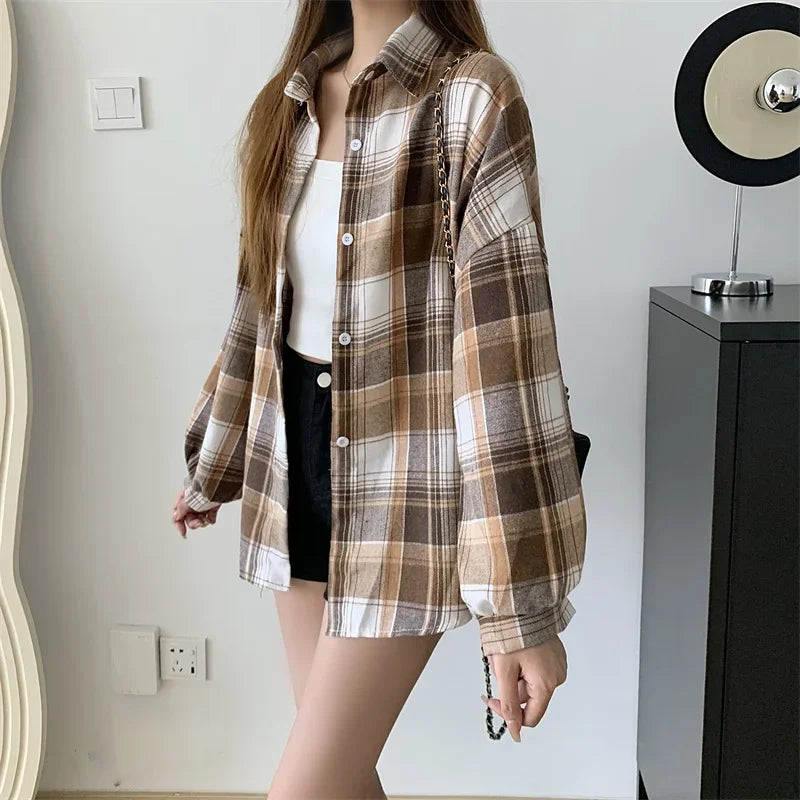 Vintage Preppy Style Loose Check Shirts