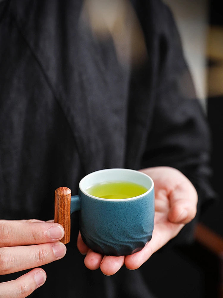 Handmade Vintage Coffee Mug with Wooden Handle