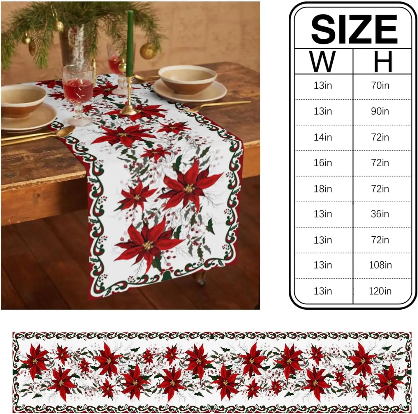 Vintage Christmas Poinsettia Flower Berry Linen Table Runner