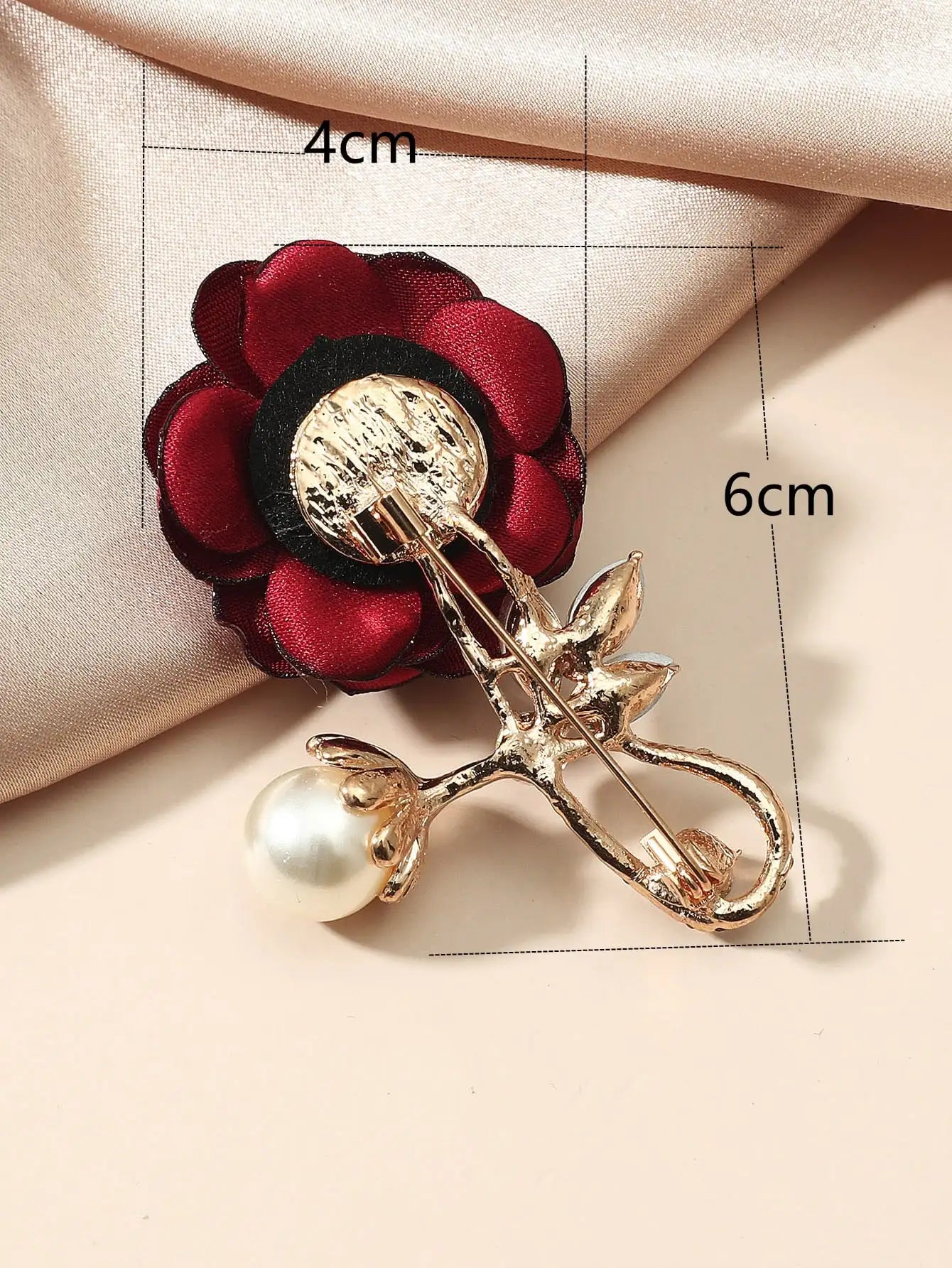 Vintage Red Rose Cloth Flowers Imitation Pearl Crystal Brooch