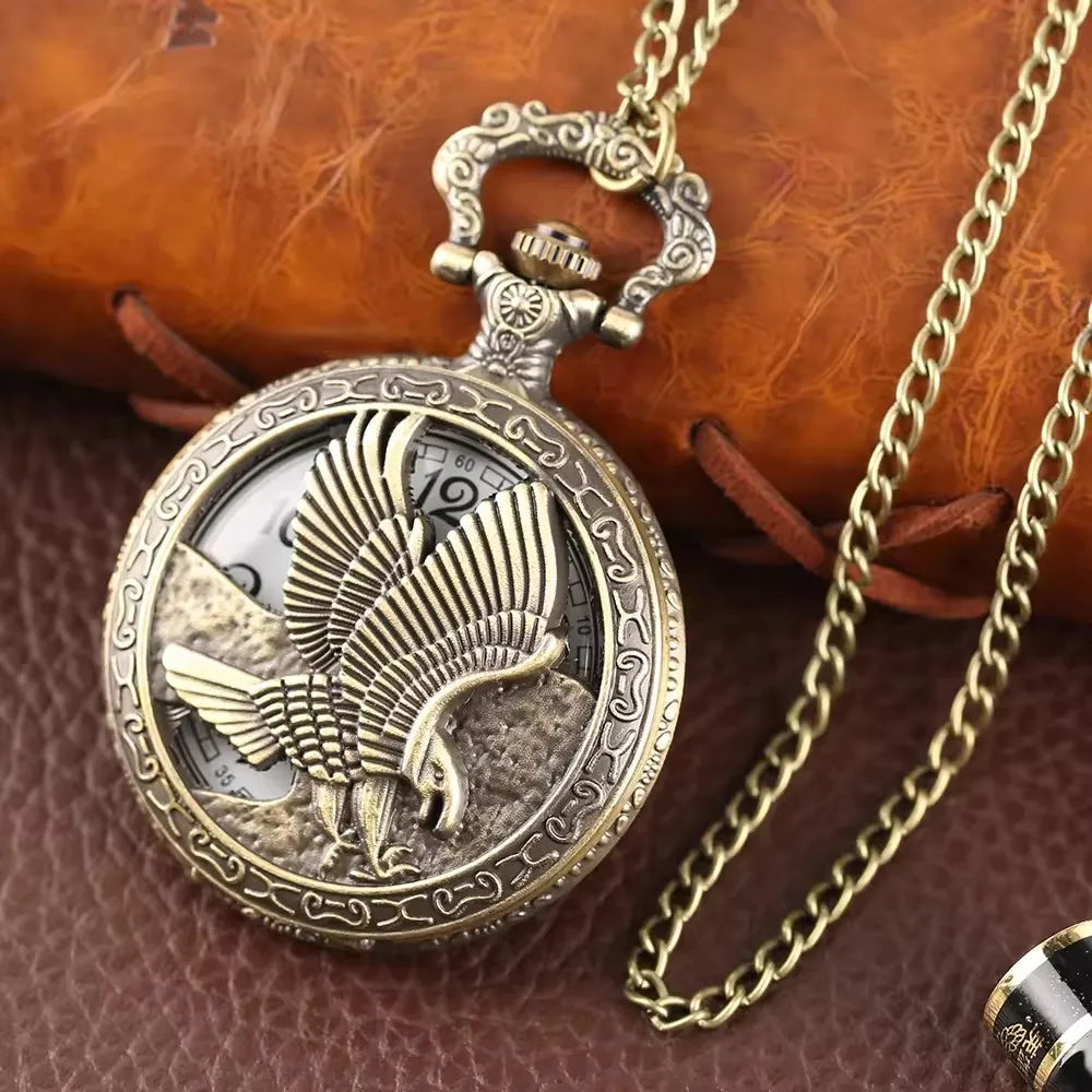 Vintage Bronze Metal Eagle Antique Pocket Watch with Chain