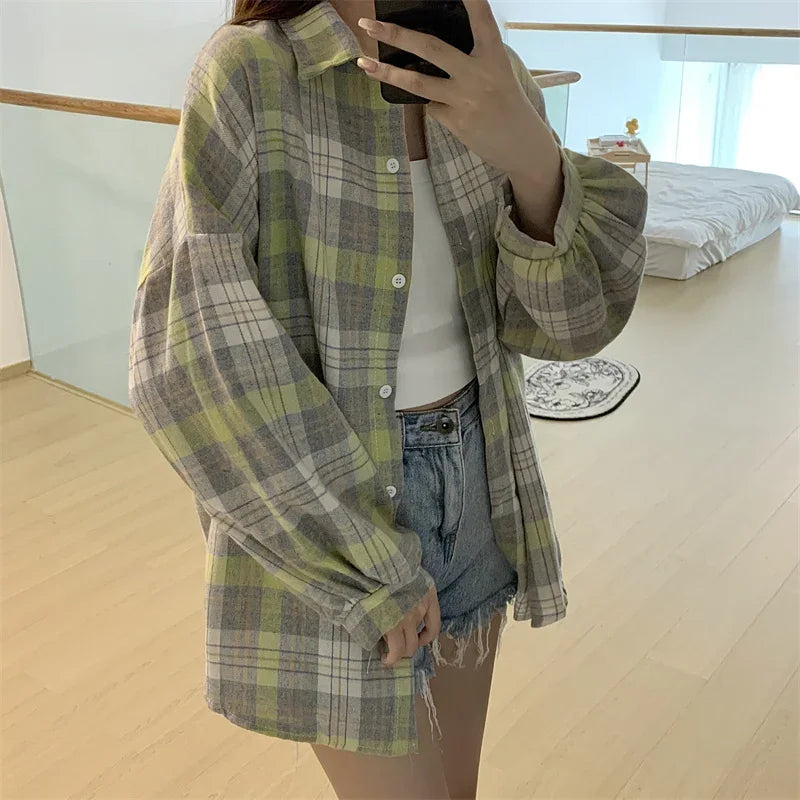 Vintage Preppy Style Loose Check Shirts