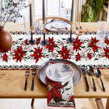 Vintage Christmas Poinsettia Flower Berry Linen Table Runner