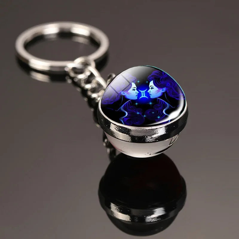 Vintage 12 Constellation Key Ring Time Stone Double-Sided Glass Ball Metal Keychain