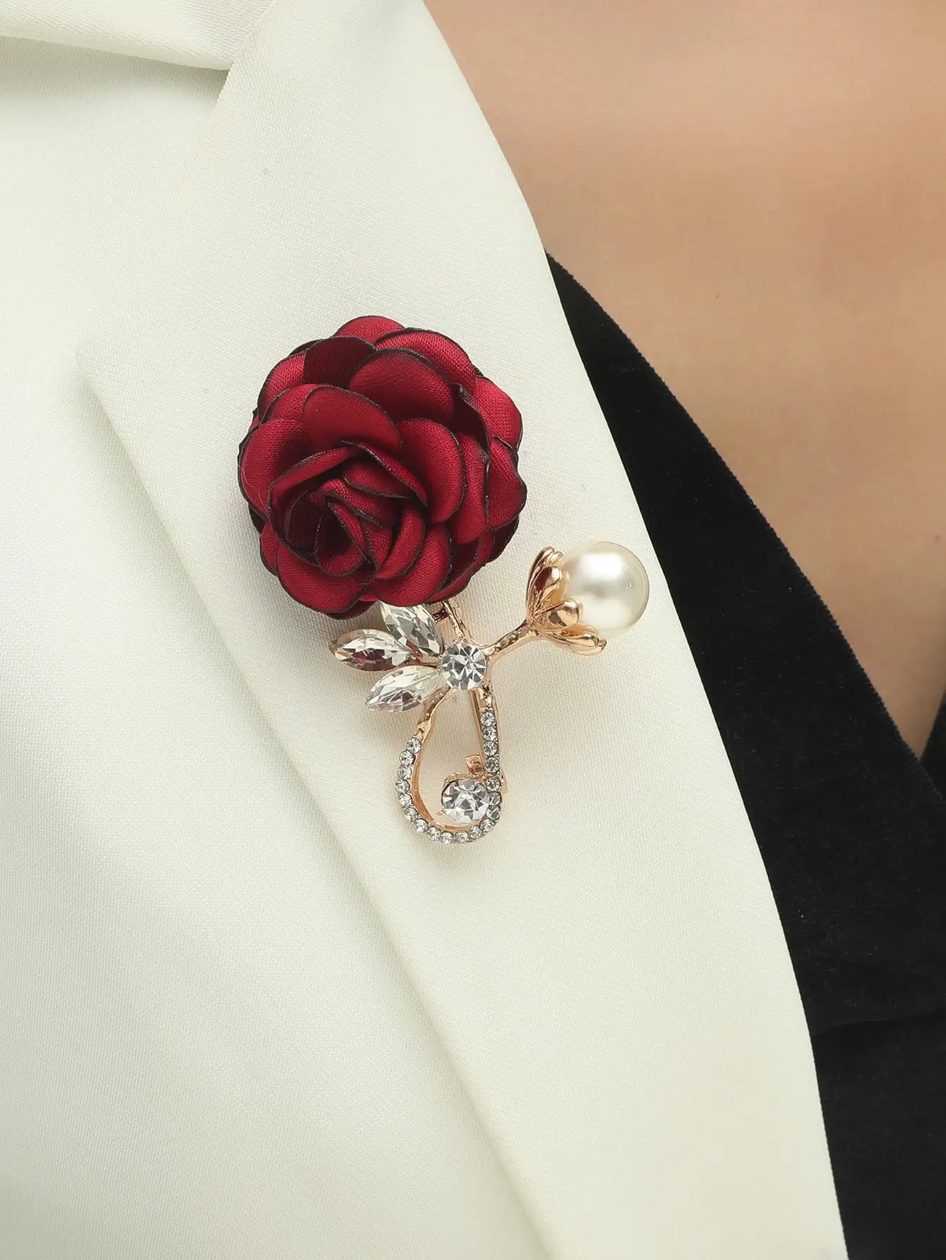 Vintage Red Rose Cloth Flowers Imitation Pearl Crystal Brooch